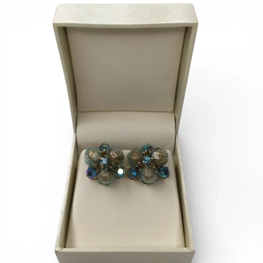Reserved -Vintage Signed VOGUE Cluster Earrings Gold Tone, Blue & AB Rhinestones - Picture 3 of 12